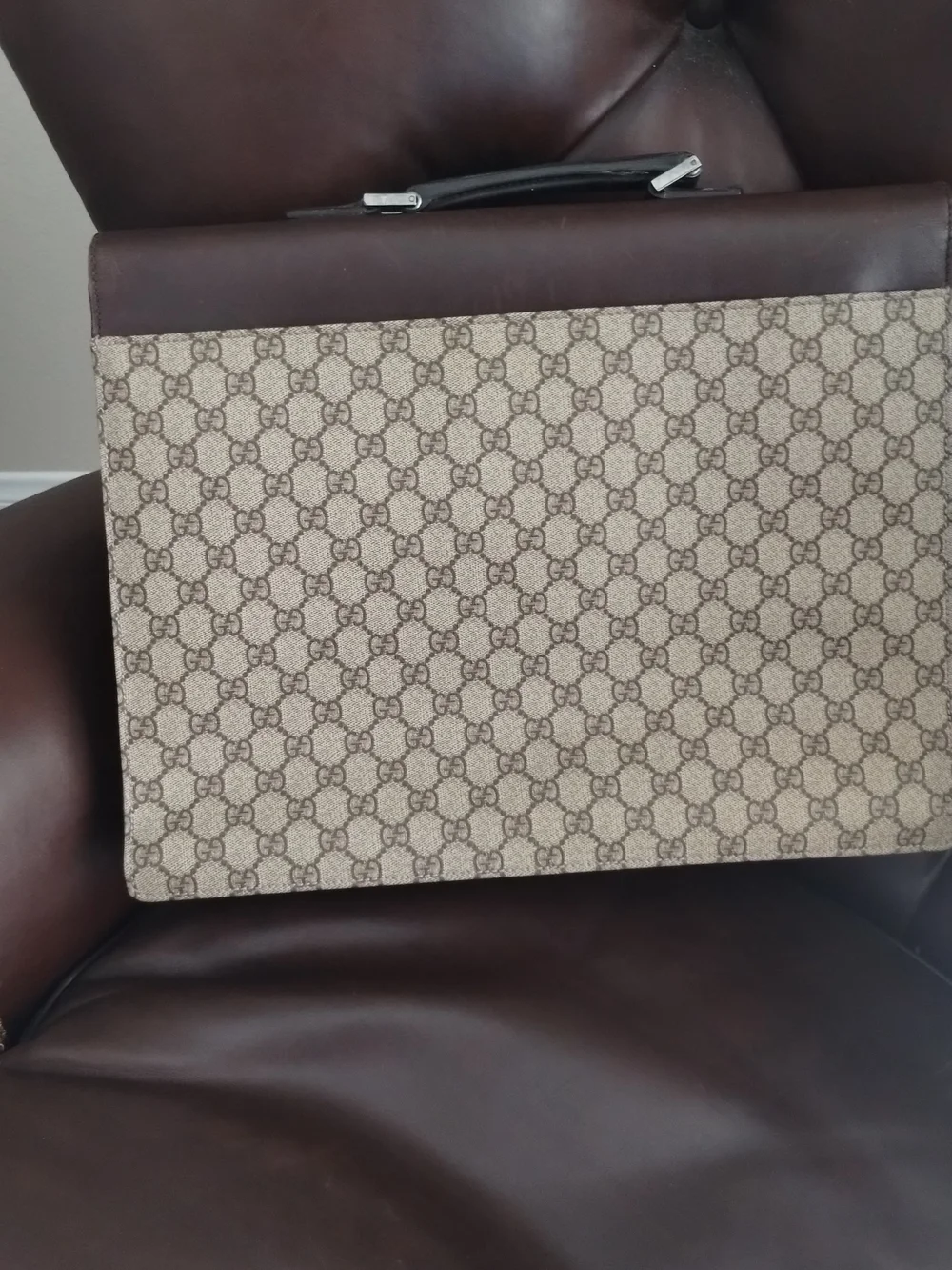 Gucci Brown Leather & Beige GG Monogram Briefcase